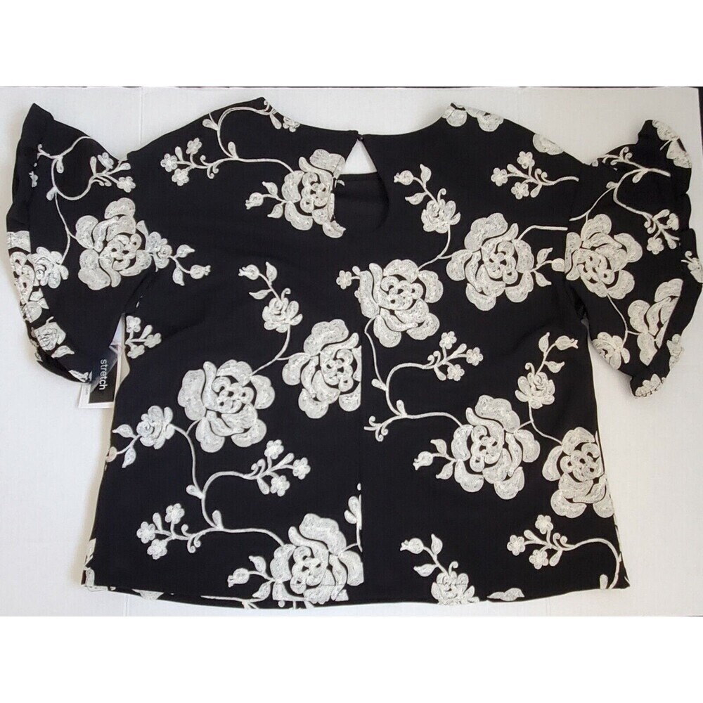 Beige Eci Roses Blouse Embroidered Womens‎ XL Flare Sleeves Party Black - Picture 8 of 13